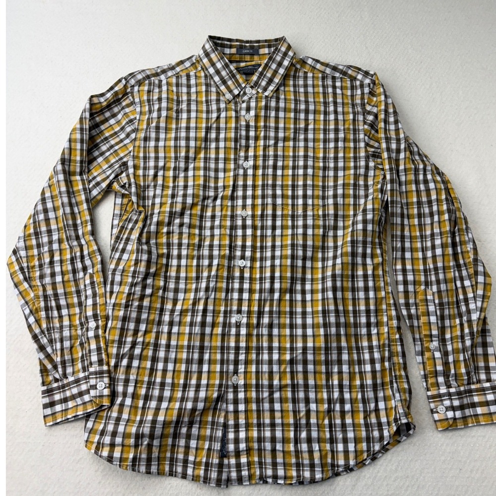 Eddie Bauer Mens Classic Fit Plaid Button Down Shirt Yellow Brown Small Long Slv